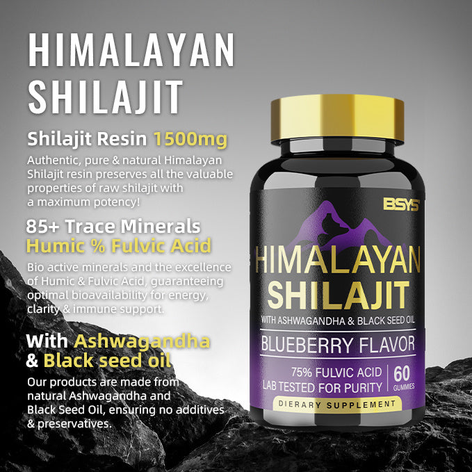 SelenoraBeauty™ BSYS Himalayan Shilajit Gummies – Blueberry Flavor with Black Seed Oil, Vitamins & Minerals (60 Gummies for Vitality & Strength)