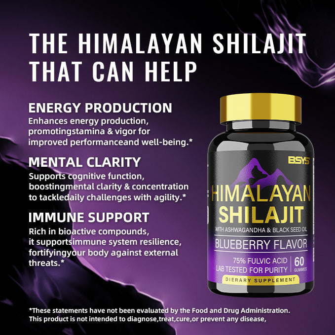 SelenoraBeauty™ BSYS Himalayan Shilajit Gummies – Blueberry Flavor with Black Seed Oil, Vitamins & Minerals (60 Gummies for Vitality & Strength)
