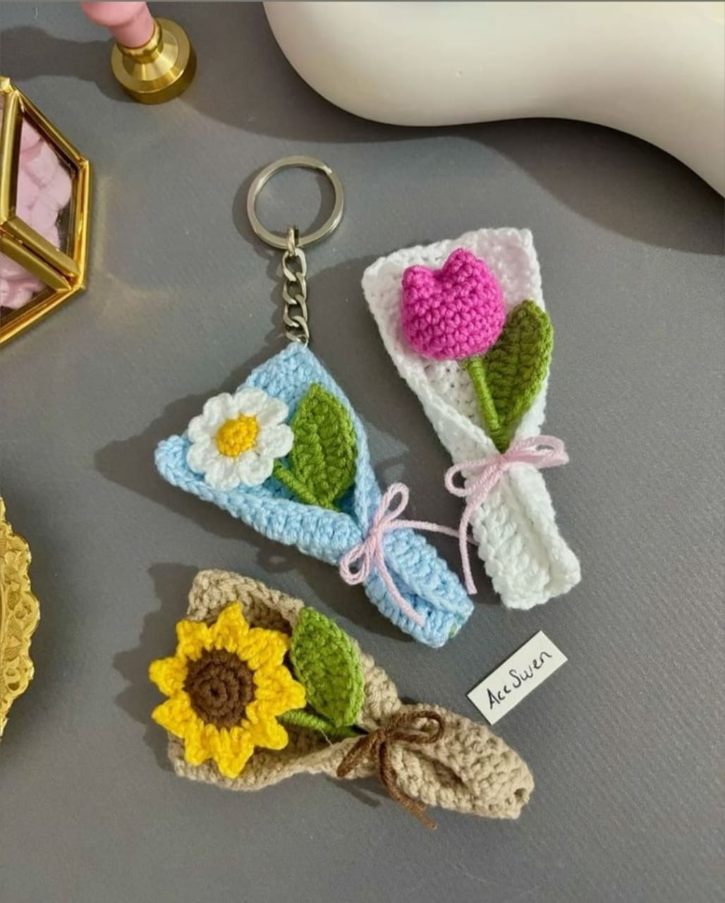 Crochet Keychain – Bear, Flower & Fruit Motifs